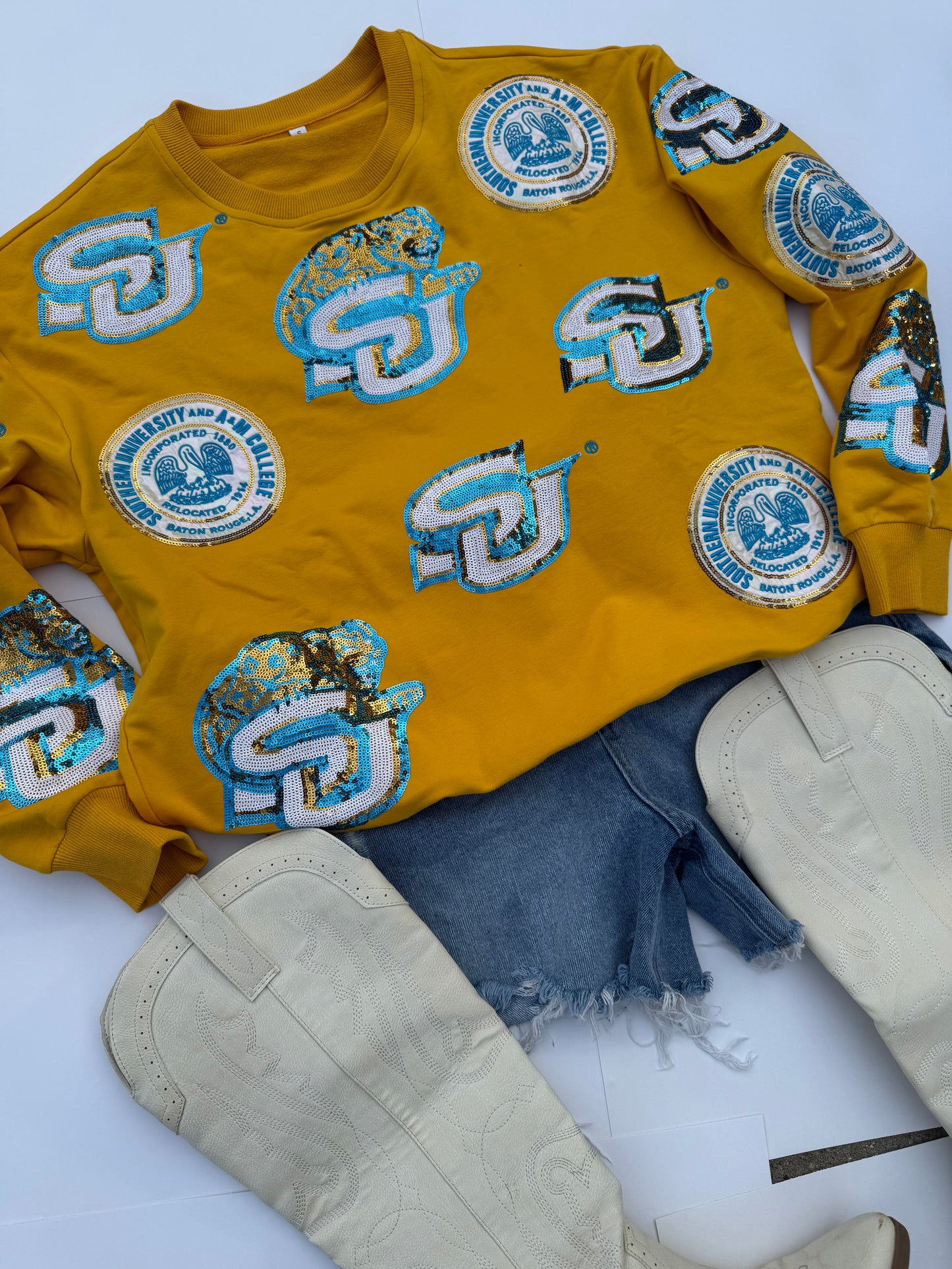 Gold Southern University Sequin Logo Sweatshirt!! Slightly CROPPED! OVERSIZED FIT!!! PLEASE SEE SIZE CHART!!!