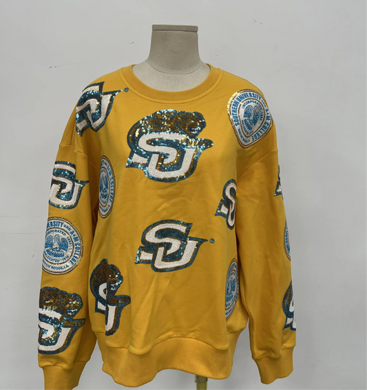 Gold Southern University Sequin Logo Sweatshirt!! Slightly CROPPED! OVERSIZED FIT!!! PLEASE SEE SIZE CHART!!!